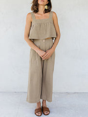 Khaki linen crop top and culotte co-ord set with square neckline and button detail.