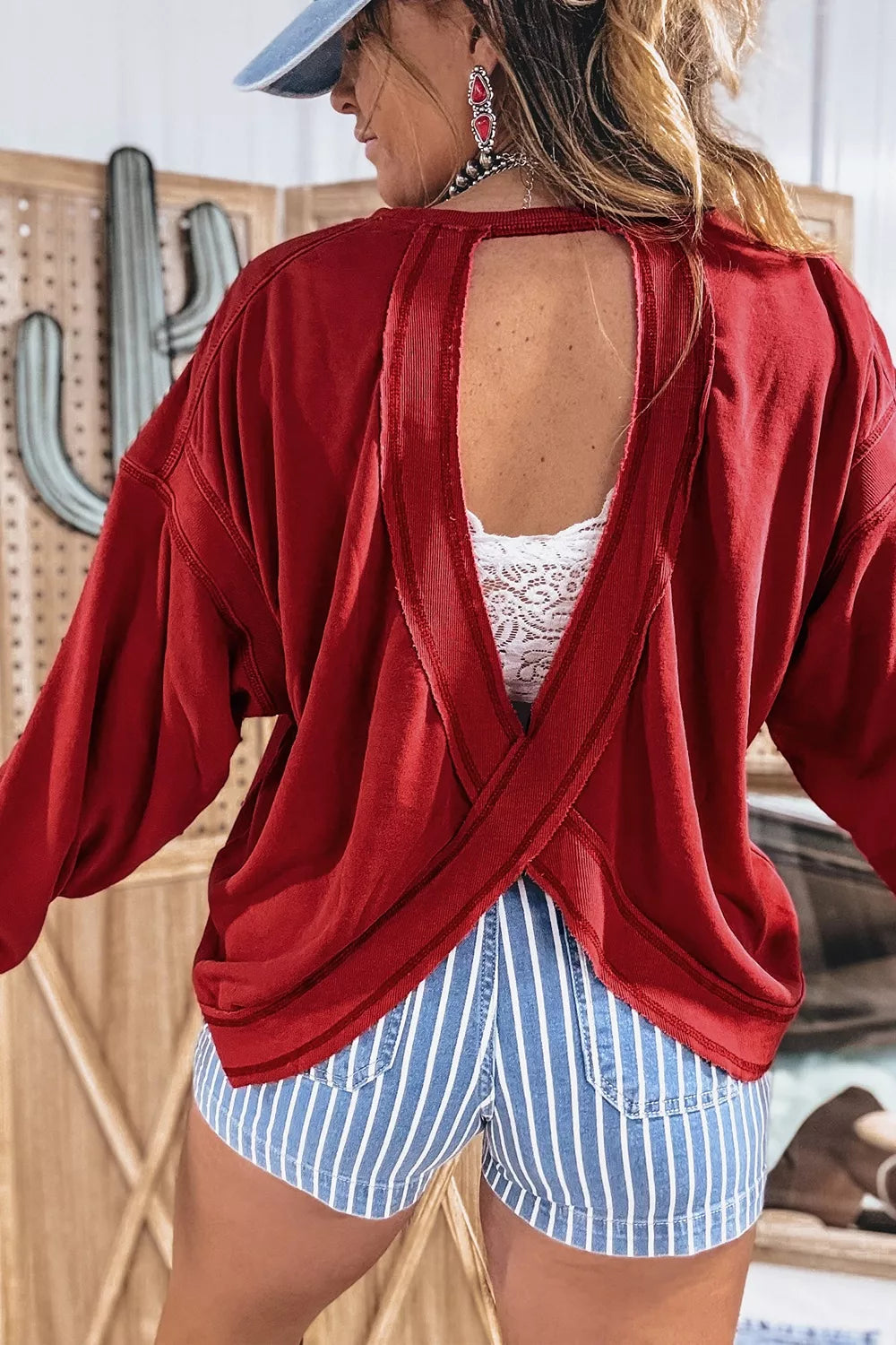 Ribbed Drop Shoulder Cutout Back Sweatshirt in Burgundy, alternate angle