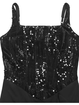 Black sequin maxi gown with velvet bodice and square neckline.