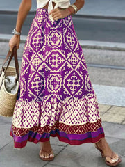 Tiered maxi skirt in purple with medallion print and ruffled hem
