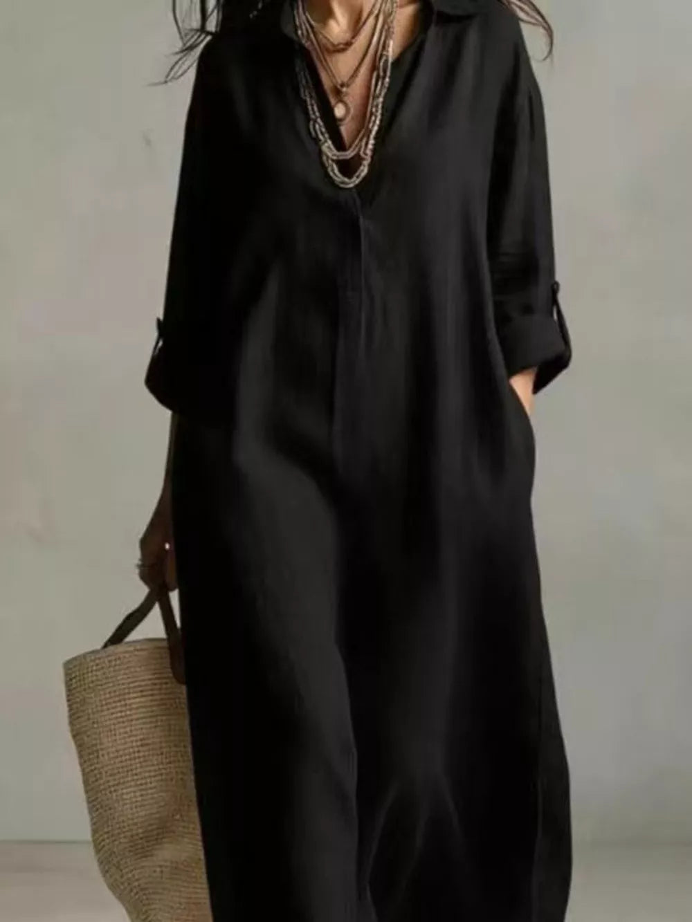 Full Size Casual Midi Shirt Dress Plus Size in Black, editorial view