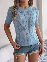 Light blue openwork knit t-shirt with short sleeves and a crew neckline.