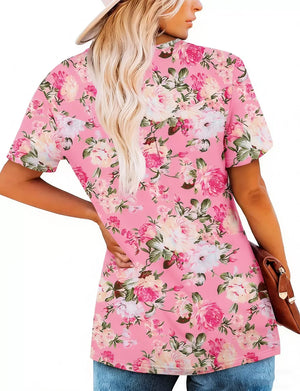 Pink floral ruched v-neck t-shirt with short sleeves.