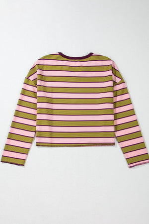 Cropped waffle knit top with pink and olive green stripes and a crew neck.