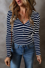 Ribbed stripe henley top in dark navy and white with button placket and V-neck.