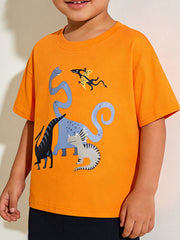 Orange crew neck t-shirt with a playful dinosaur graphic print for toddlers.