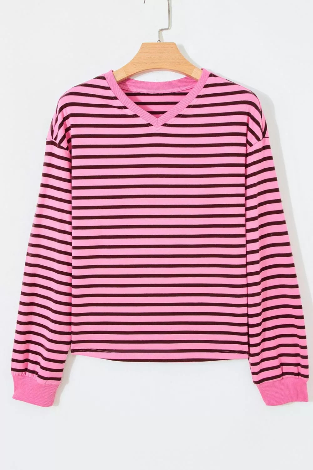Stripe V Neck Drop Shoulder Long Sleeve Shirt, fit detail