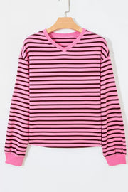 Stripe V Neck Drop Shoulder Long Sleeve Shirt, fit detail