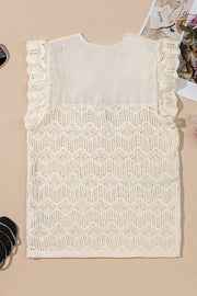 Beige crochet knit vest with eyelet yoke and ruffled sleeves.