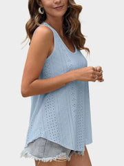 Light blue eyelet scoop-neck trapeze tank top with breathable fabric.