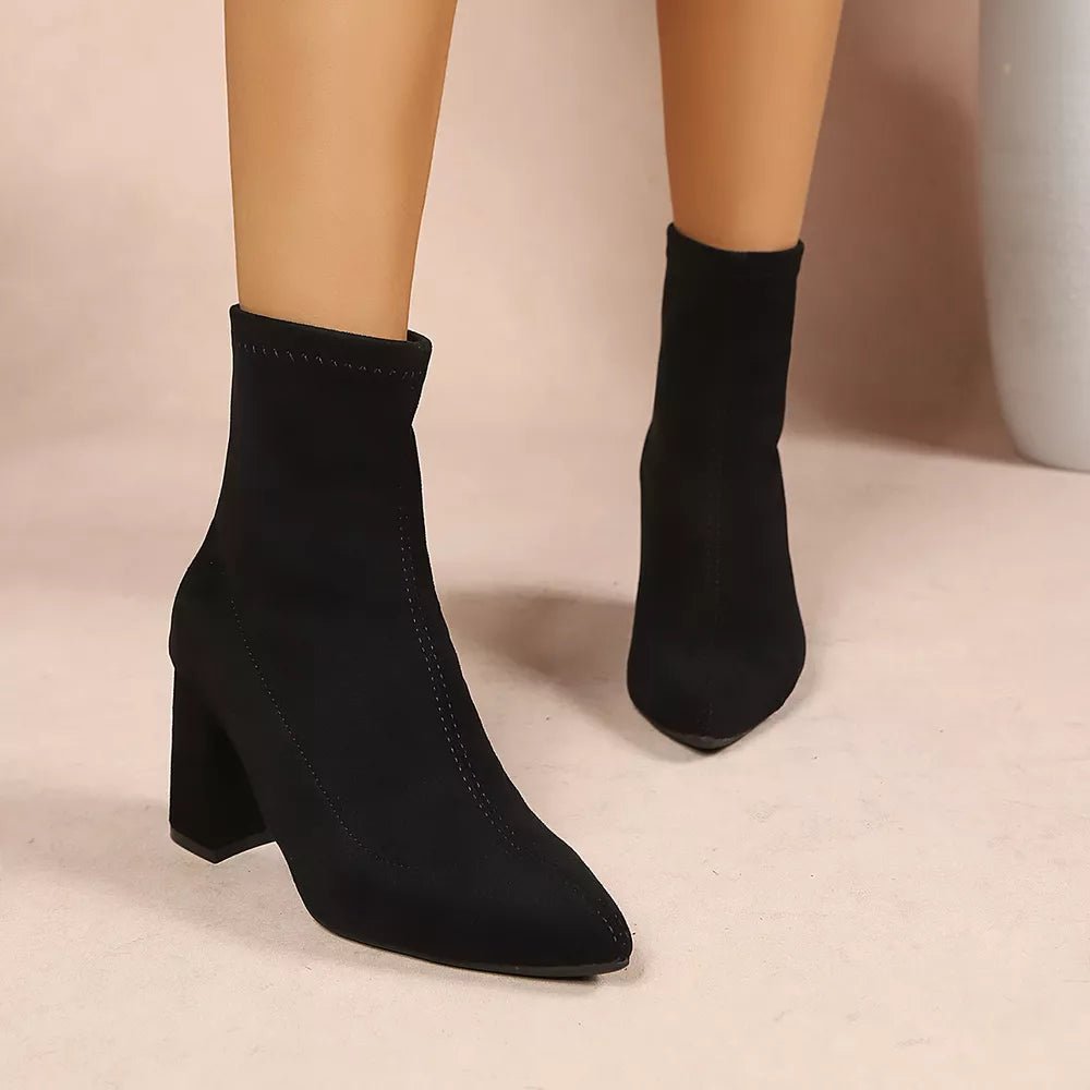 Point Toe Block Heel Ankle Boots in Black, view 11