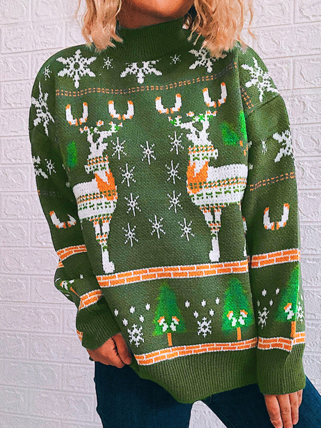 Green acrylic turtleneck sweater with reindeer, snowflake, and Christmas tree intarsia pattern.