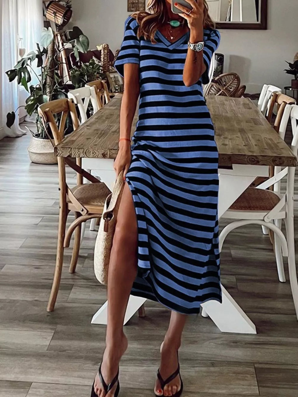 Full Size Striped V-neck Midi Dress With Side in Yellow, front view