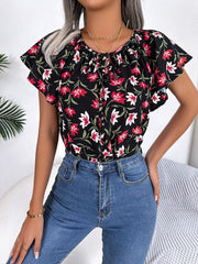 Black floral ruffle sleeve tie-neck blouse with red and white flowers