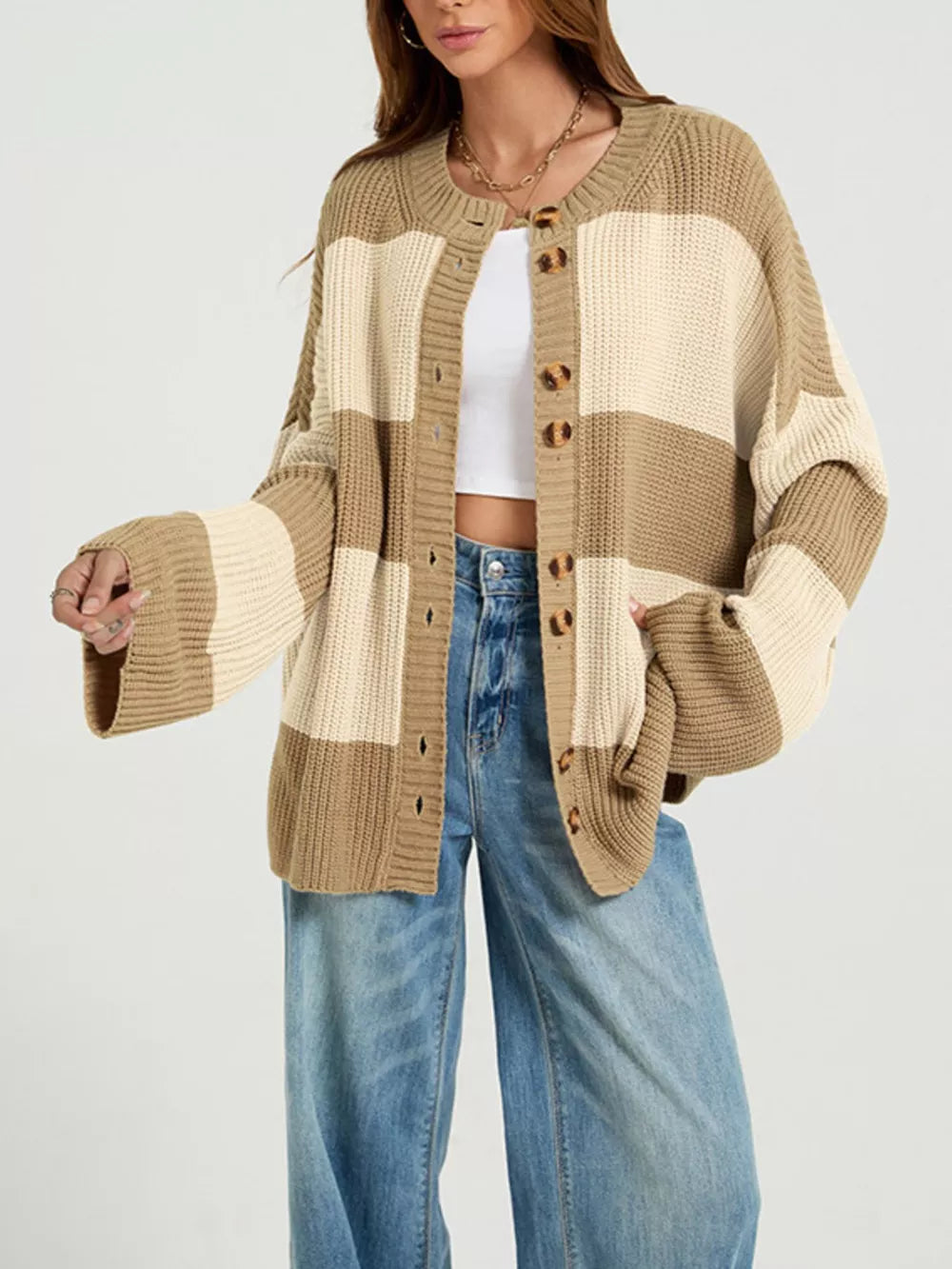 cardigan featuring color-block in Khaki with 100% acrylic Care instructions: Machine wash cold texture