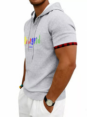 Men's Full Size Letter Graphic Short Sleeve Hooded Top in Royal Blue, product detail