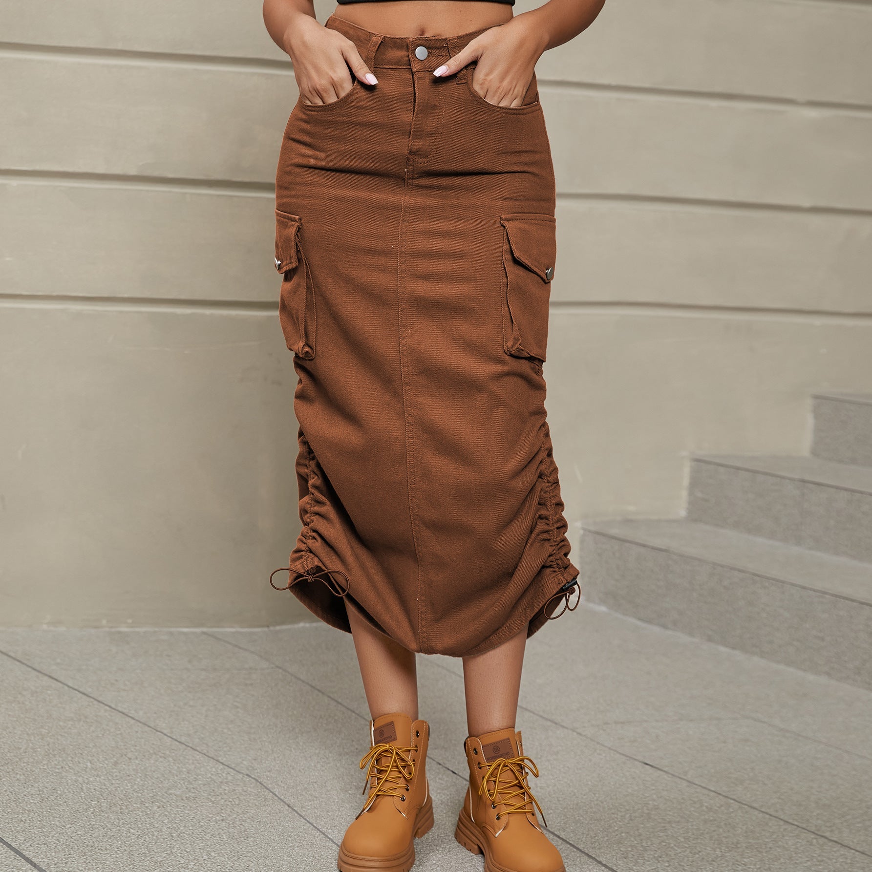 Chestnut cargo denim midi skirt with adjustable ruching and pockets