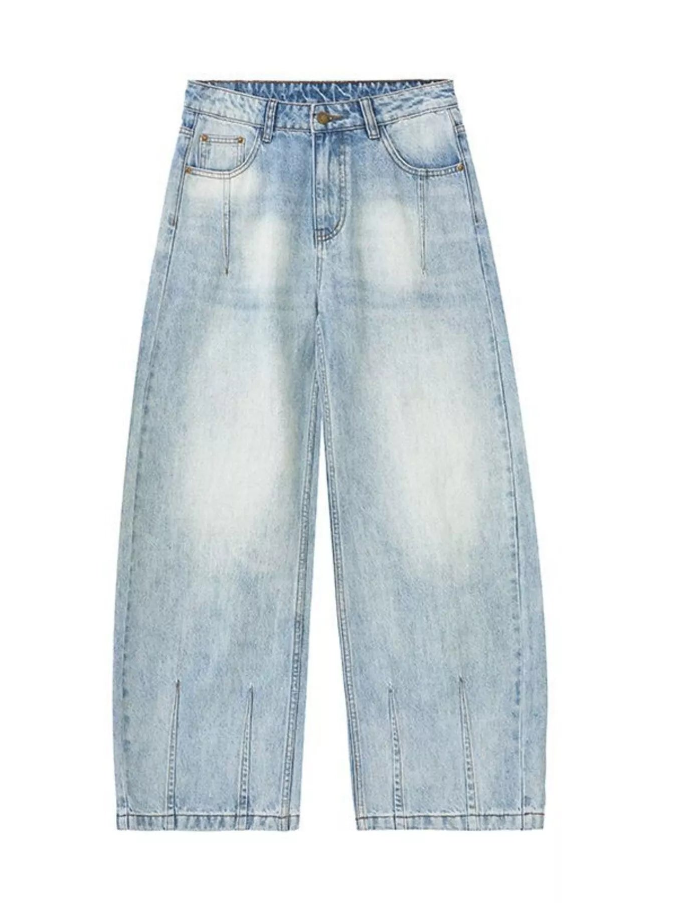 Men's light blue wide-leg stretch jeans with a faded wash and split hem detail.