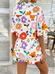 Coastal Tile Print Co-ord Set with colorful floral pattern, short sleeves, button-up shirt and shorts.