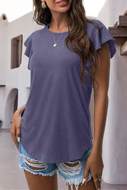 Ruffled sleeve tee in lavender with a rounded hem.