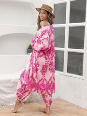 Bohemian paisley lounge set in hot pink with wide sleeves and cropped pants.