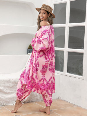 Bohemian paisley lounge set in hot pink with wide sleeves and cropped pants.