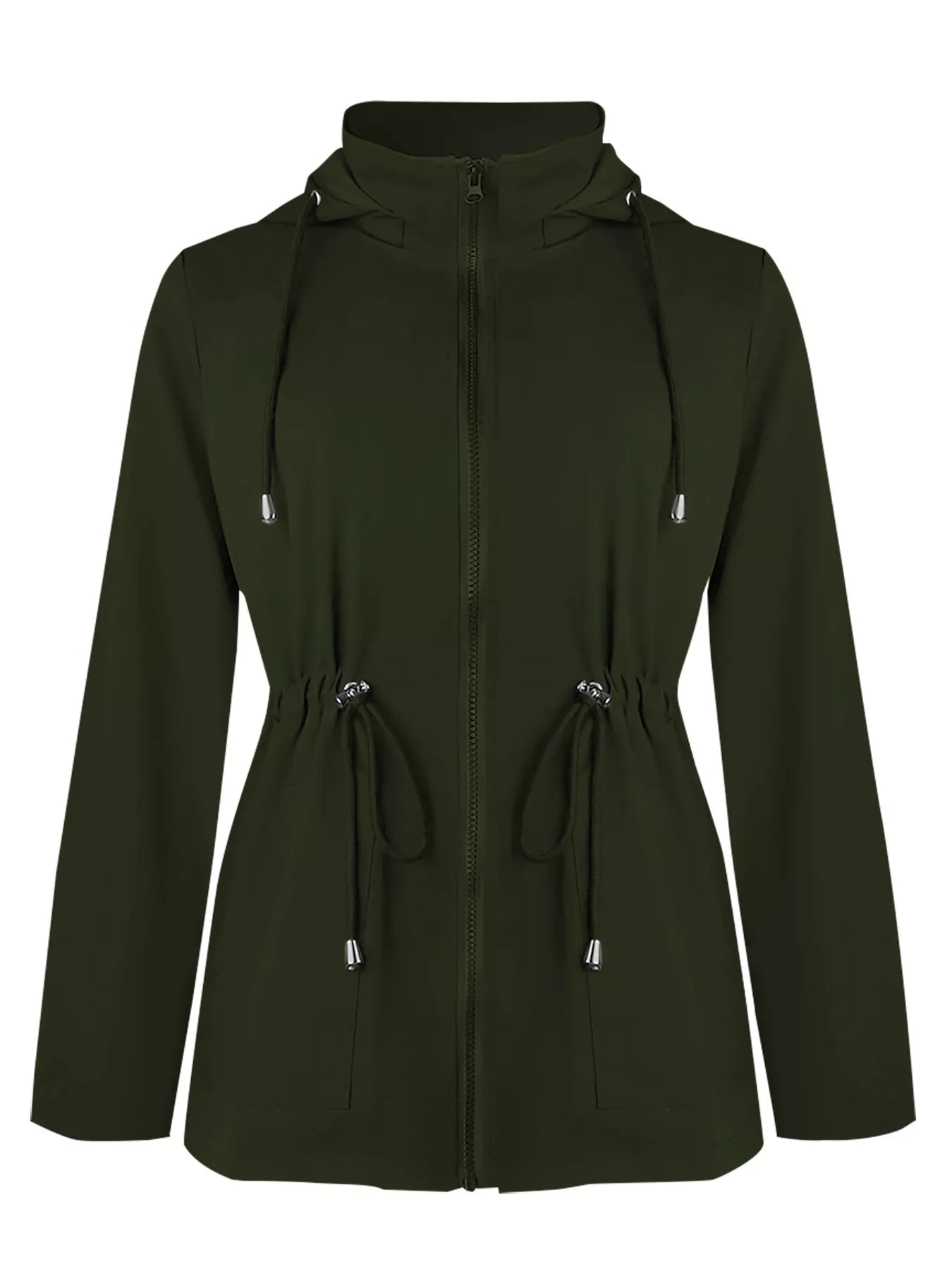 Military green hooded zip-up jacket with drawstring waist and hood