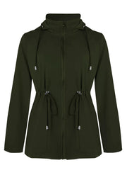 Military green hooded zip-up jacket with drawstring waist and hood