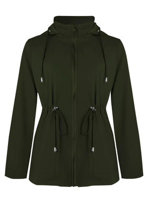 Military green hooded zip-up jacket with drawstring waist and hood