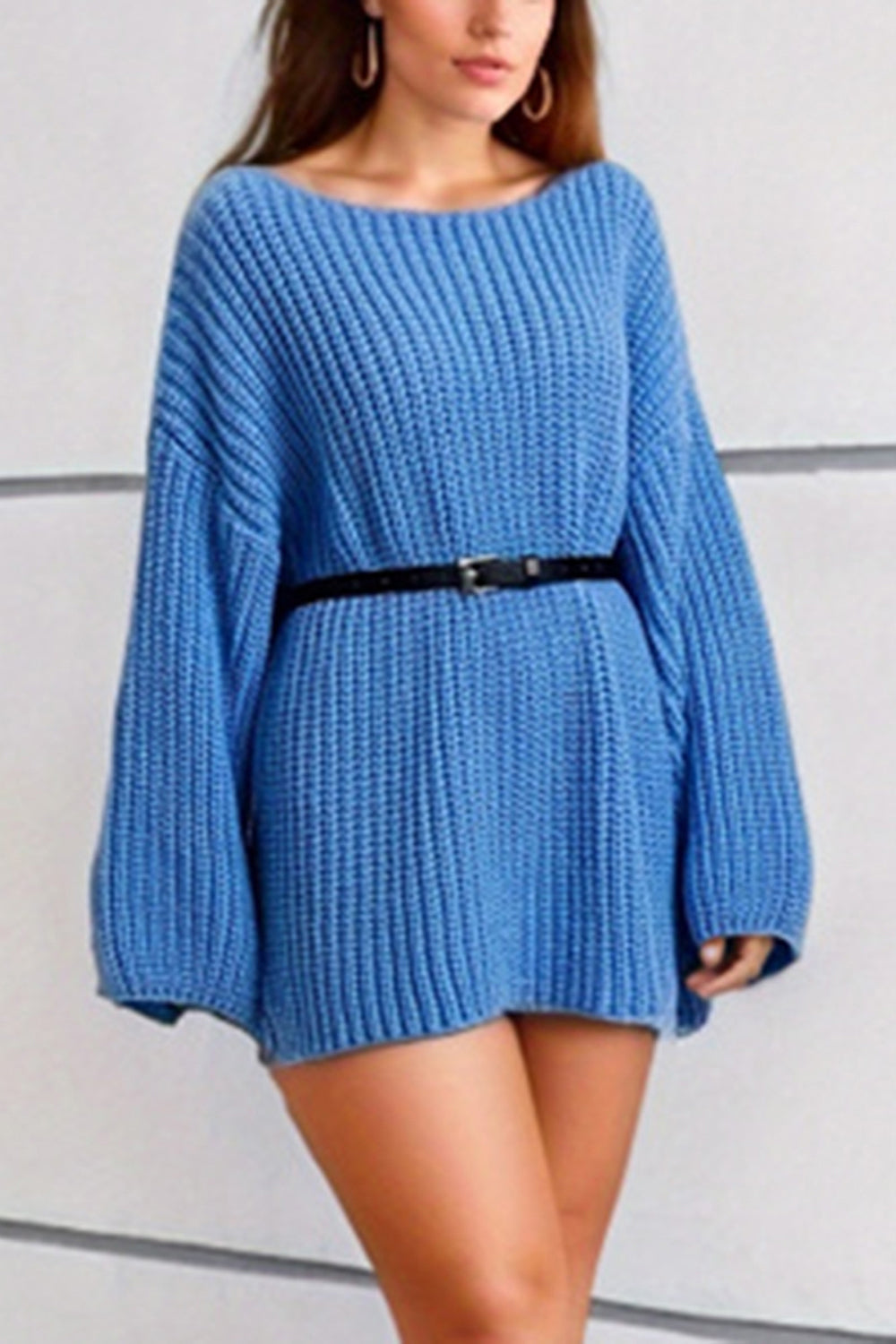 Sky blue ribbed knit oversized mini dress with boat neck and black belt