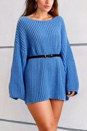 Sky blue ribbed knit oversized mini dress with boat neck and black belt