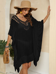 Black crochet yoke ruffle hem cover-up with V-neck and short sleeves.