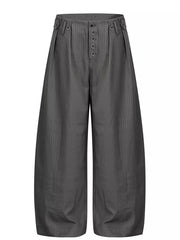 Refined grey pinstripe wide-leg men's sweatpants with button fly and adjustable waist tabs.