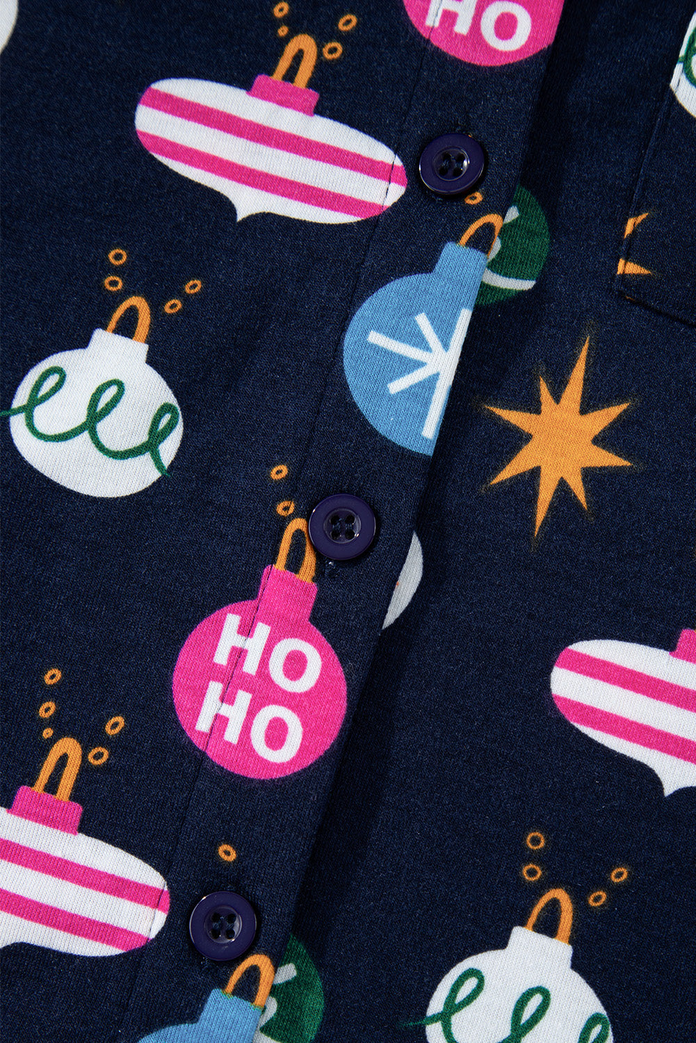 Navy blue loungewear set with festive bauble print and button detail.