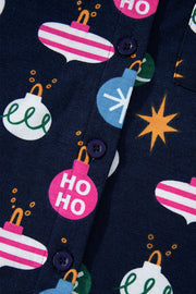 Navy blue loungewear set with festive bauble print and button detail.