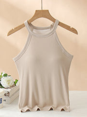 Ribbed halter tank top in Camel with built-in bra and lettuce hem.
