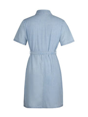 Light blue denim shirtdress with short sleeves, collar, and matching belt.
