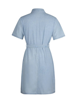 Light blue denim shirtdress with short sleeves, collar, and matching belt.