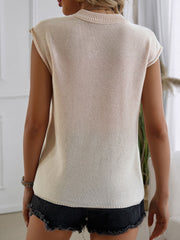 Beige knit vest with mock neckline and cap sleeves, casual basic style.