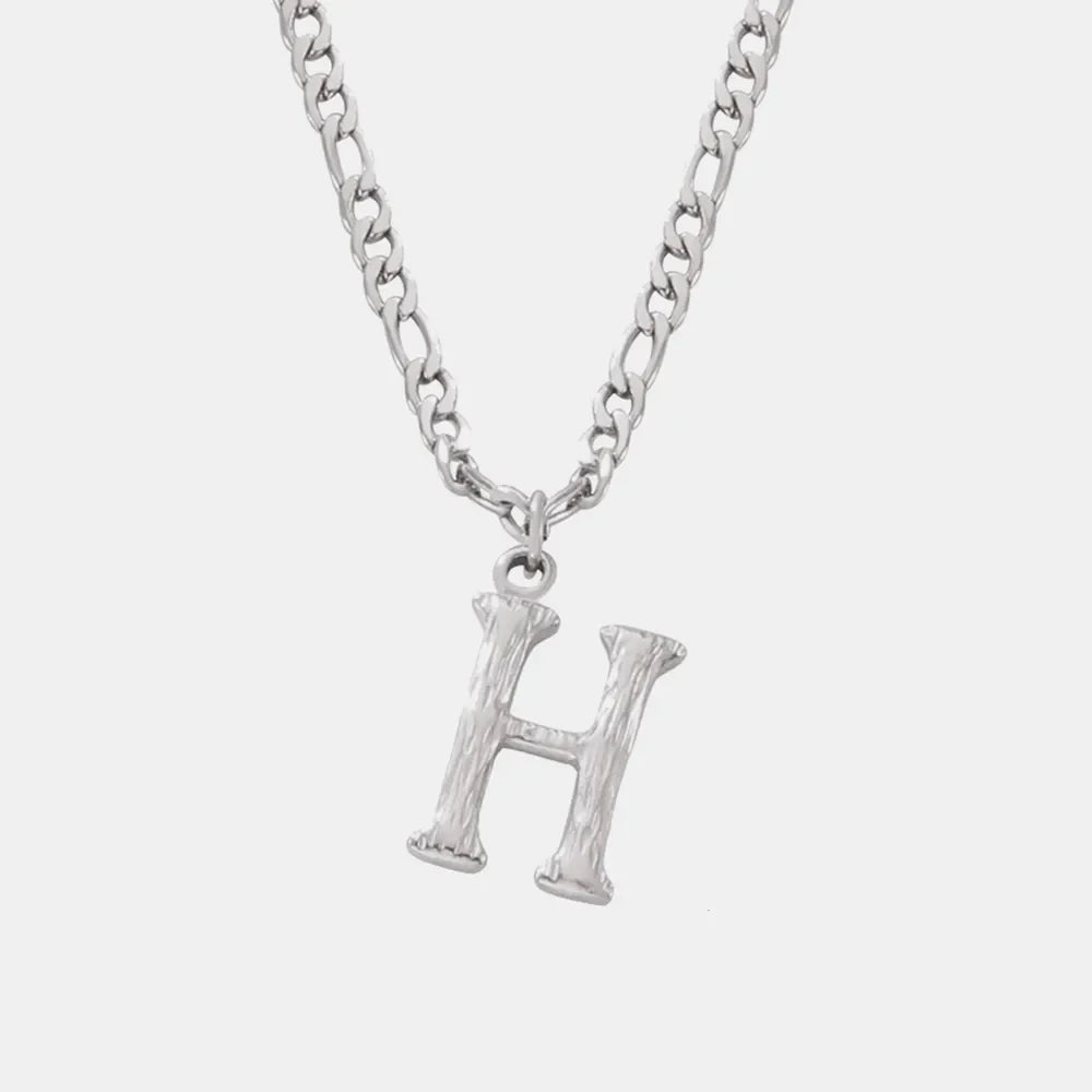 Textured initial H pendant necklace with stainless steel curb chain