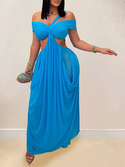 Cutout Off Shoulder Ruched Maxi Dress in Dark Gray, back view