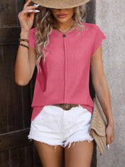 Center seam knit cap sleeve top in hot pink, acrylic.