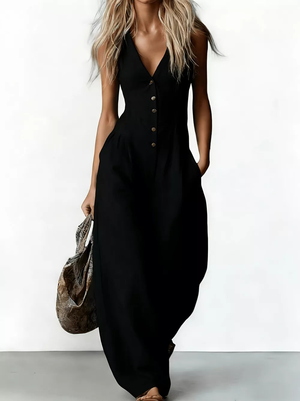 V-neck Button-down Wide-leg Jumpsuit in White, close-up detail
