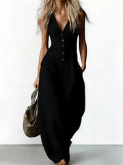 V-neck Button-down Wide-leg Jumpsuit in White, close-up detail