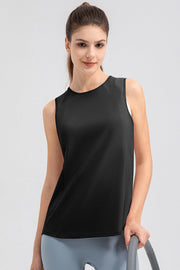 Black mesh panel performance tank top with subtle striped texture and round neckline.