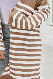 Camel and white striped maxi cardigan with long sleeves and ribbed cuffs.