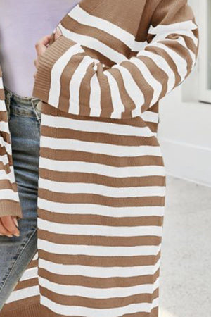 Camel and white striped maxi cardigan with long sleeves and ribbed cuffs.