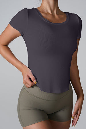 Dark Gray ribbed active tee with scoop neck and short sleeves.