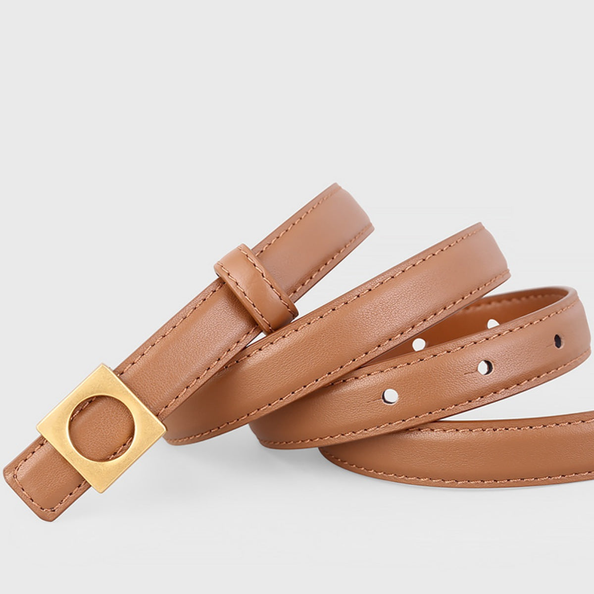 Skinny brown cowhide leather belt with gold square buckle and adjustable holes.