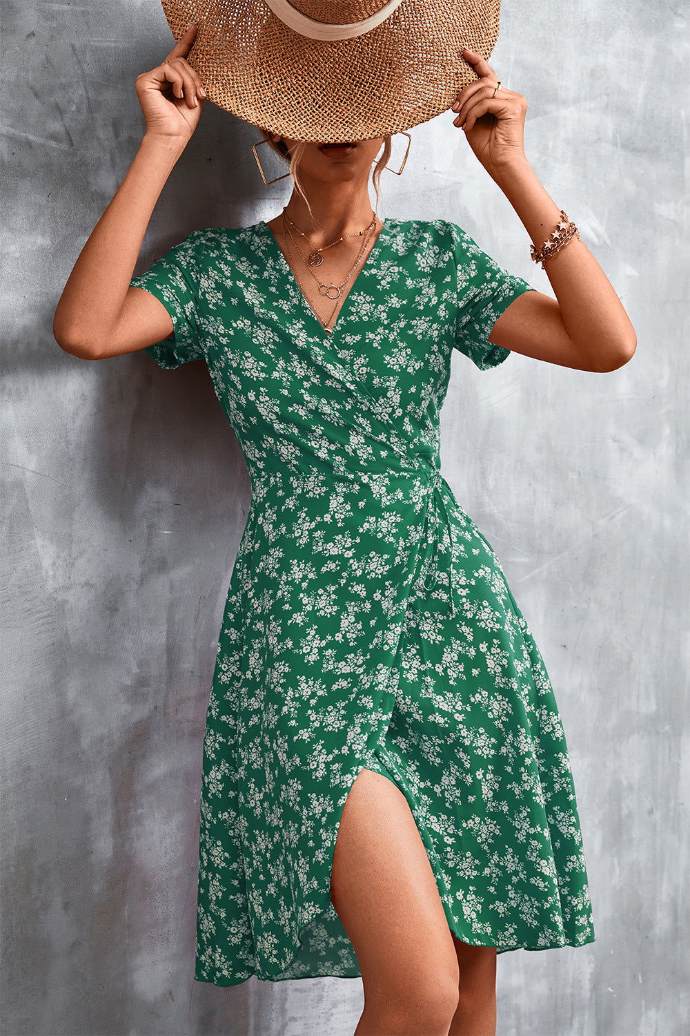 Light green floral wrap midi dress with v-neck and side slit